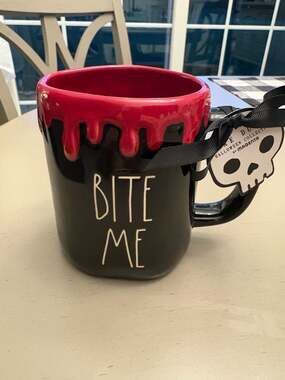 Rae Dunn Halloween BITE ME Coffee Mug with Red Drip Glaze